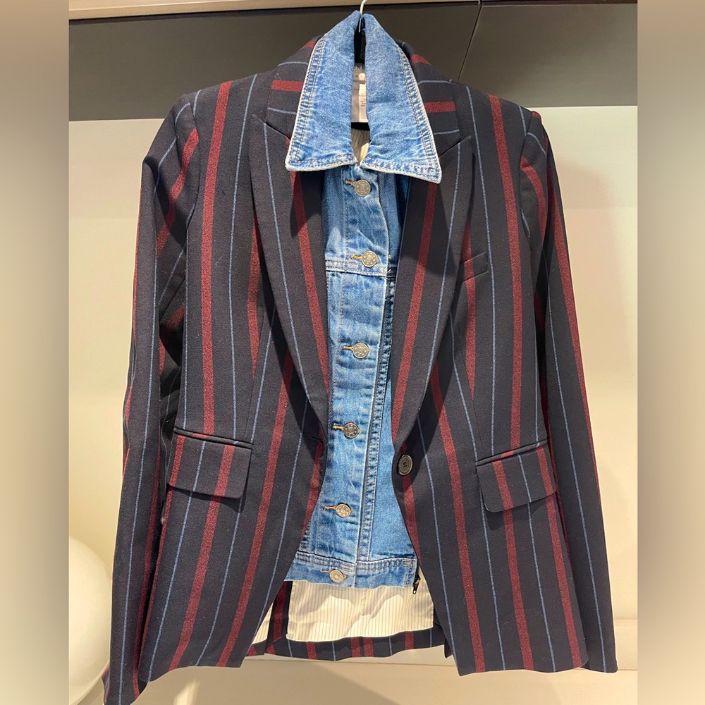 $698 Veronica Beard Carter Dickey jacket blazer navy merlot white stripe size 0 - Picture 5 of 16